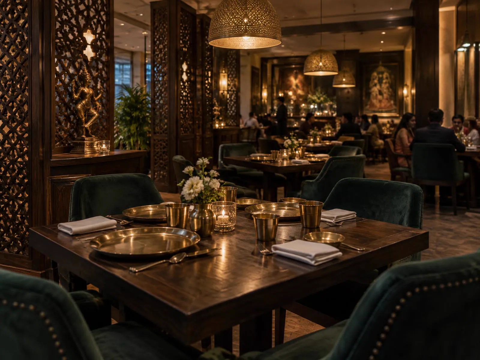 Royal dining room with Nizami arches and warm golden light